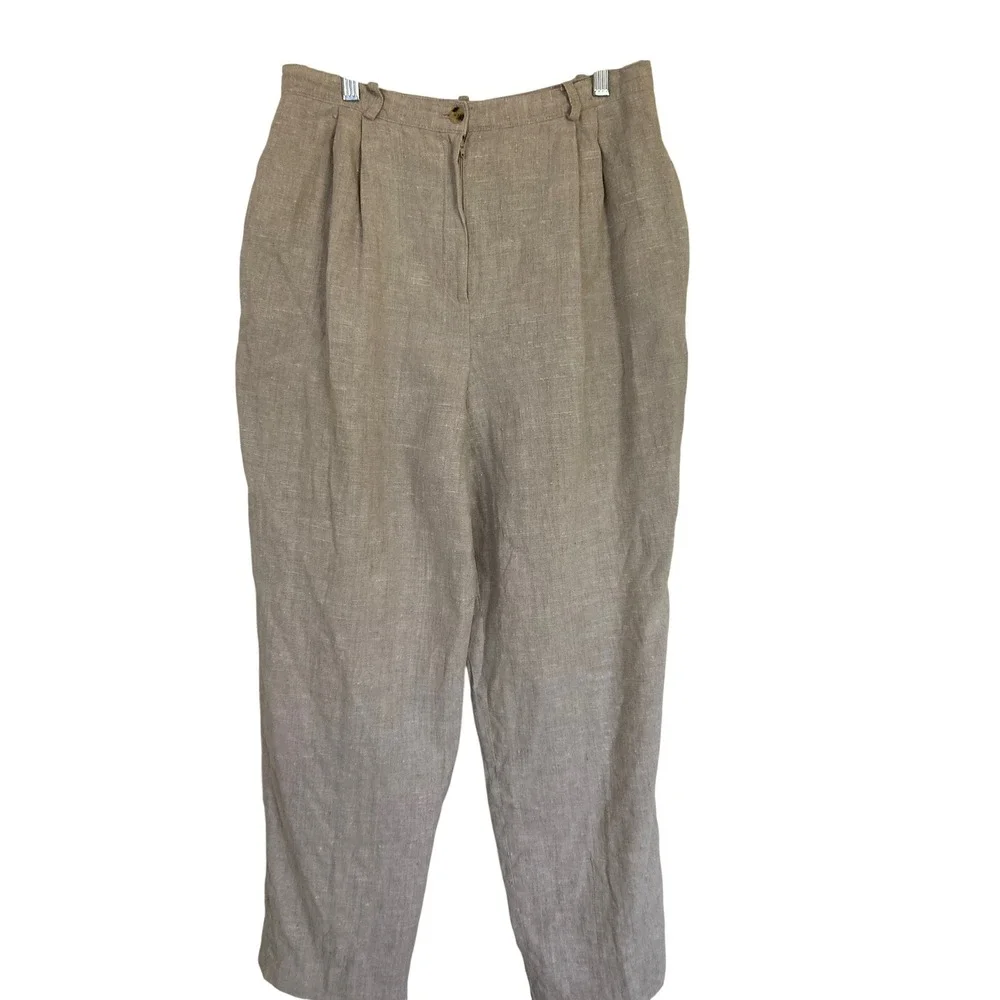 Harve‎ Benard Tan Linen Blend Pleated High Waisted Tapered Trousers Size 6